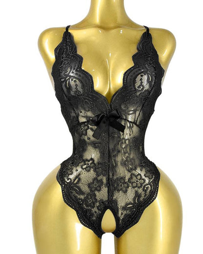 Diepe V-hals kanten body met open kruis en gekruiste rug