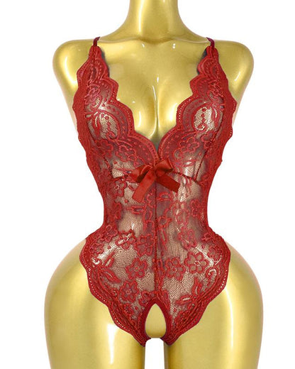 Diepe V-hals kanten body met open kruis en gekruiste rug