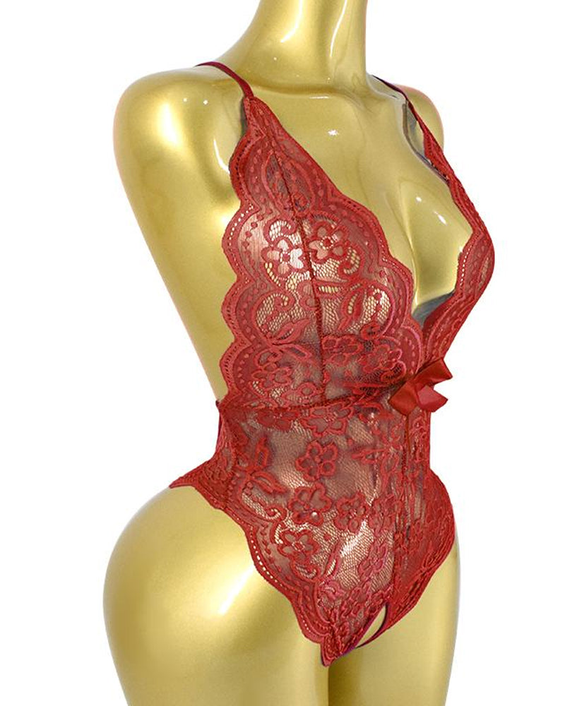 Diepe V-hals kanten body met open kruis en gekruiste rug