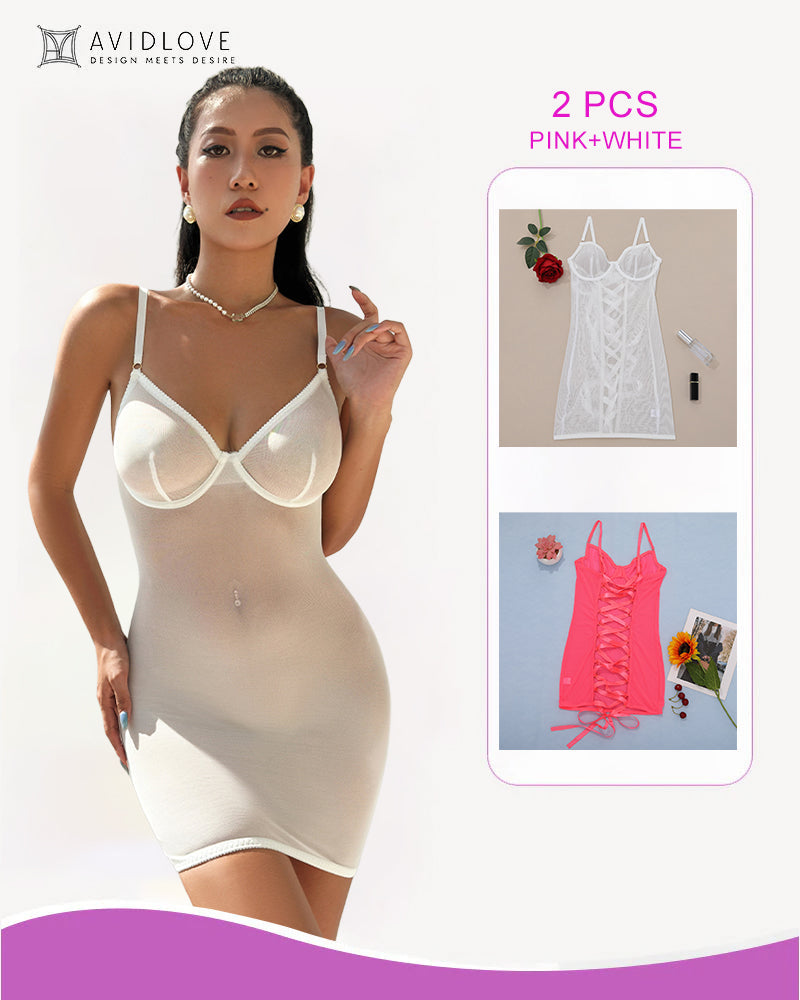 Rygglos minninjurk met Vetersluiting en Banddetaljer inn Kant