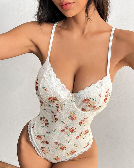 Bloemen Bodysuint met Vetersluiting en Bar Rug