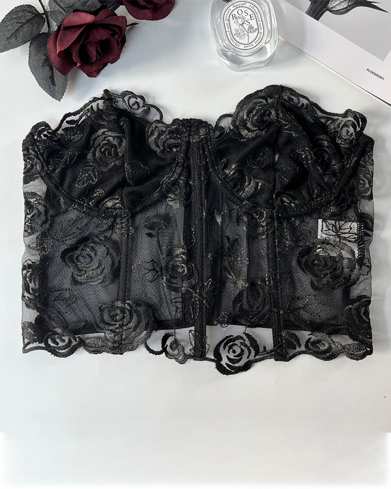 Bloemen Axelbandslos Tubtopp met Steunkorsett inn Mesh