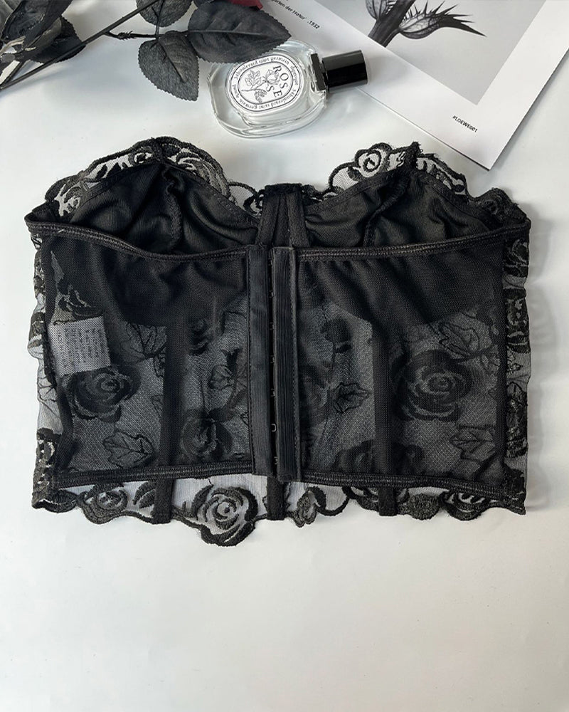 Bloemen Axelbandslos Tubtopp met Steunkorsett inn Mesh