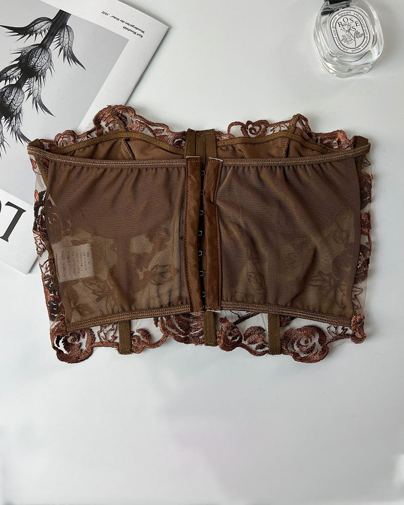 Bloemen Axelbandslos Tubtopp met Steunkorsett inn Mesh