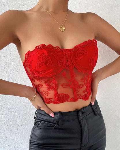 Bloemen Axelbandslos Tubtopp met Steunkorsett inn Mesh