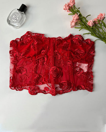 Bloemen Axelbandslos Tubtopp met Steunkorsett inn Mesh