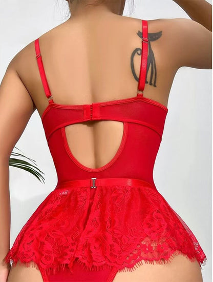 Kant Bodysuint met Utskisninngar en Minnin-Kjol met Kousenband