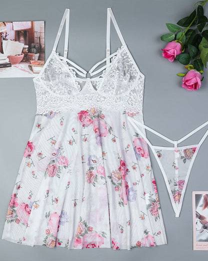 Blommingt Linngerineset met Utskurna Detaljer en Strappy Babydoll