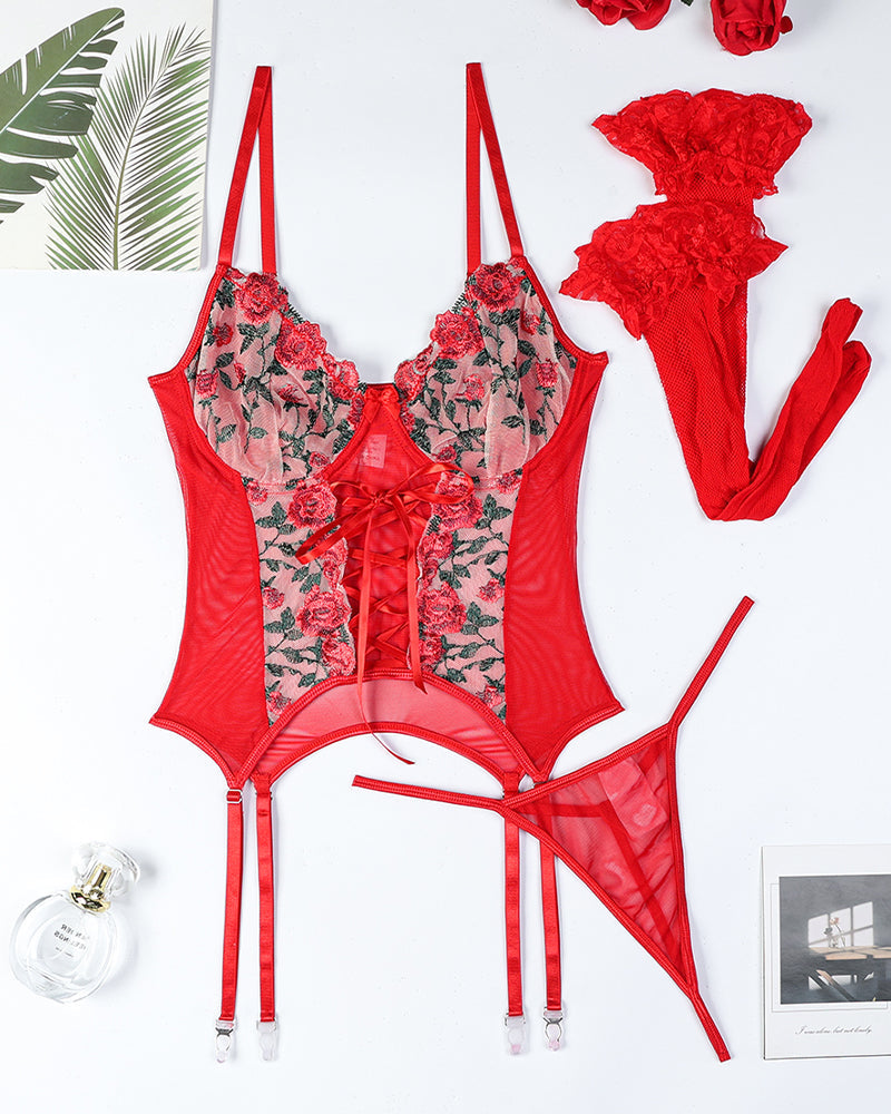 Blomsterbroderad BH-set met Korsade bandjes