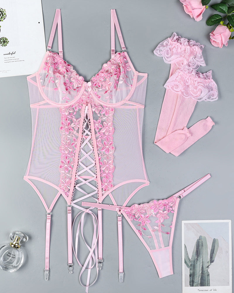 Blomsterbroderad Strumpbyx-BH Set