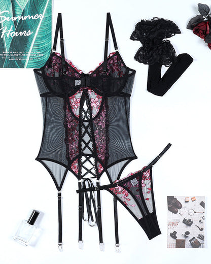 Blomsterbroderad Strumpbyx-BH Set