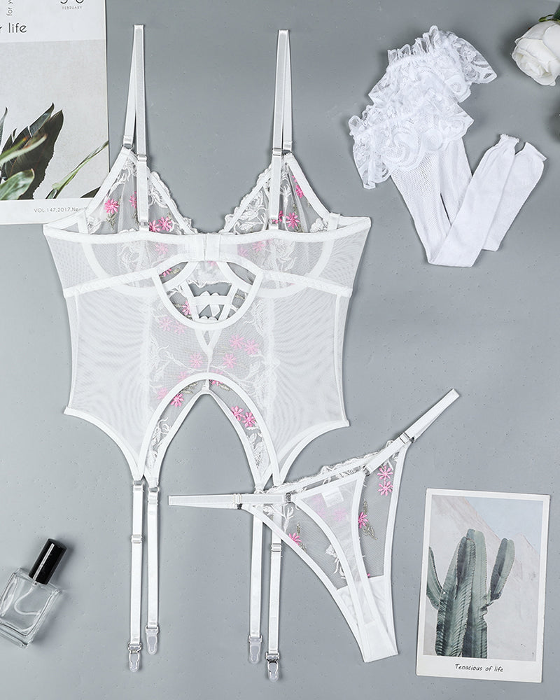 Blomsterbroderad Strumpbyx-BH Set