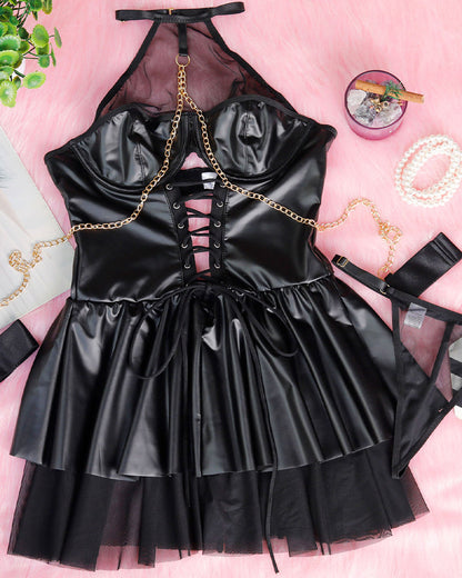 PU-Leer Halternek Klanninng met Mesh en Knytband