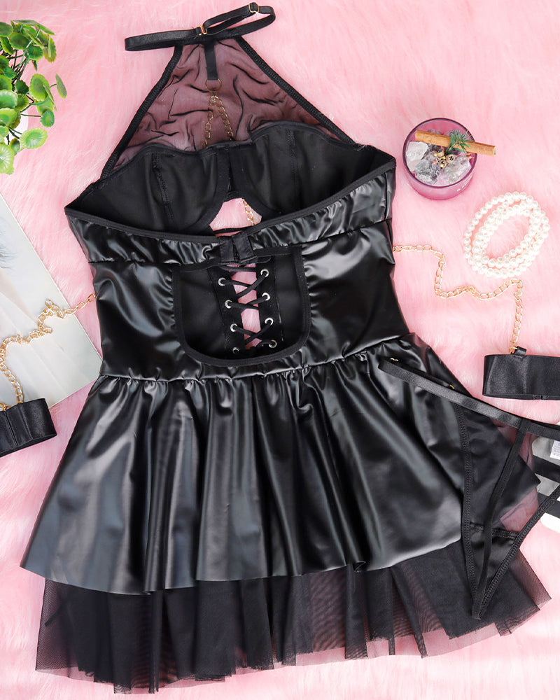 PU-Leer Halternek Klanninng met Mesh en Knytband