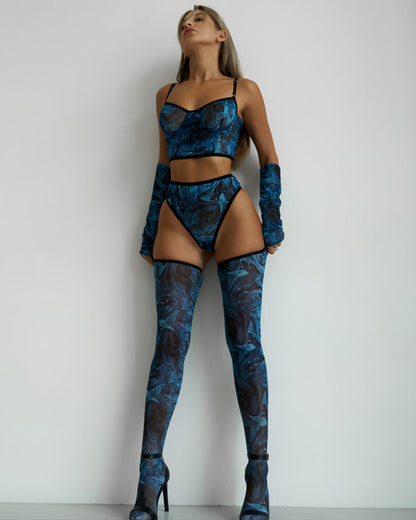Akvarell Mesh Lingerieset met Handskar en Kousenbandhouder