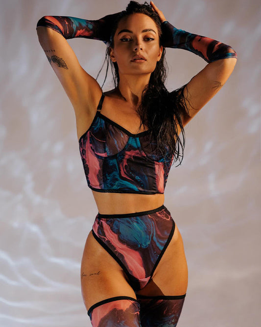 Akvarell Mesh Lingerieset met Handskar en Kousenbandhouder