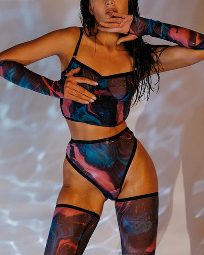 Akvarell Mesh Lingerieset met Handskar en Kousenbandhouder