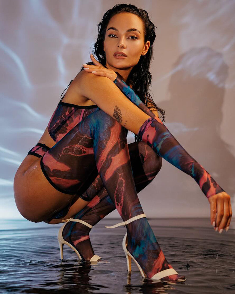 Akvarell Mesh Lingerieset met Handskar en Kousenbandhouder